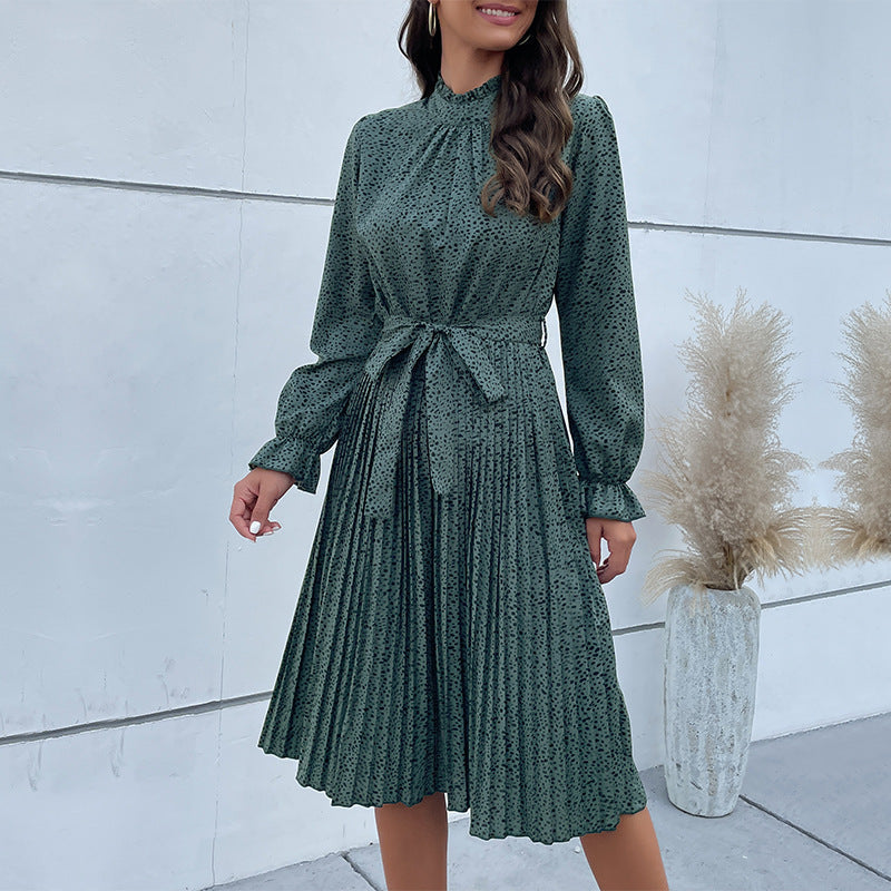 Women’s Midi Dress – Slim Fit – High Neck – Long Sleeve – Belted Waist