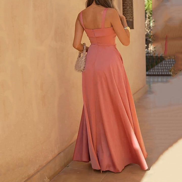 Women’s Maxi Dress – Fitted Bodice – Wide Straps – A-Line Skirt – Zipper Back