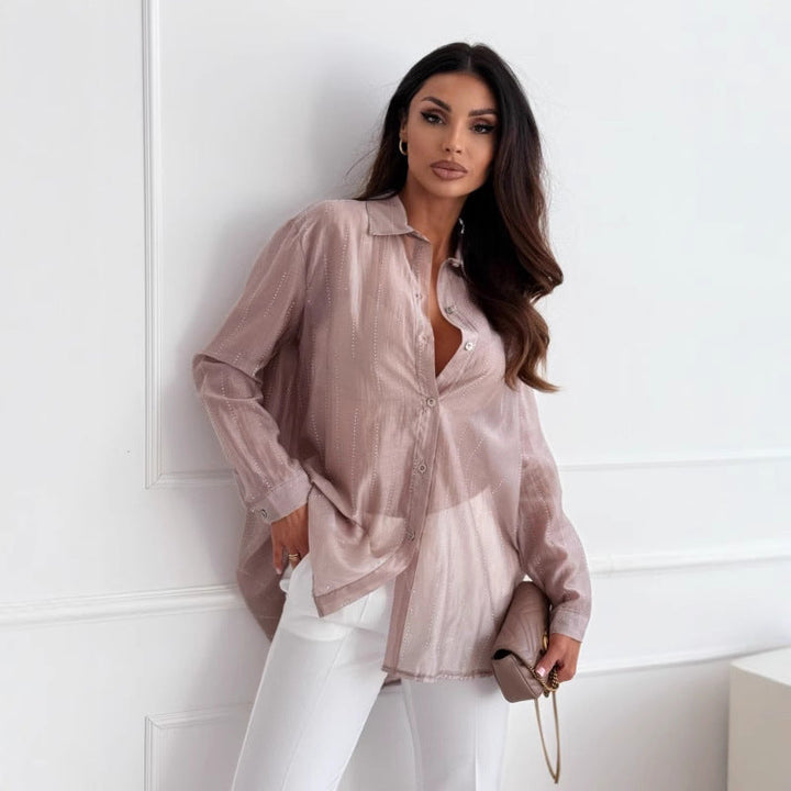 Women’s Button-Down Shirt – Oversized Fit – Rhinestone Detail – Long Sleeve Casual Style