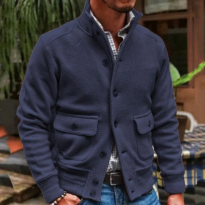 Men’s Jacket - Slim Fit - High Collar - Textured Cotton - Button Closure - Flap Pockets