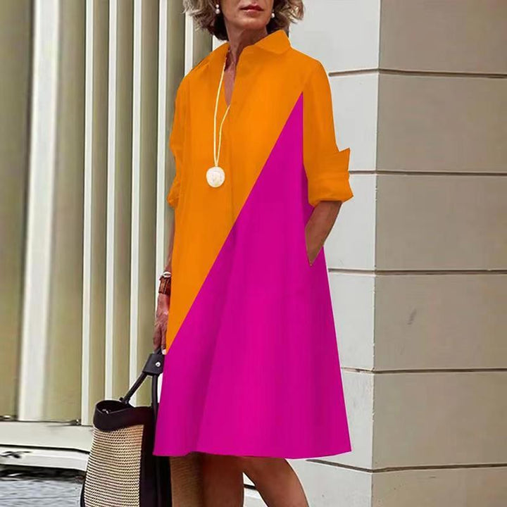 Women's A-Line Shirt Dress - Half Button Down - Long Sleeve - Classic Collar - Knee Length