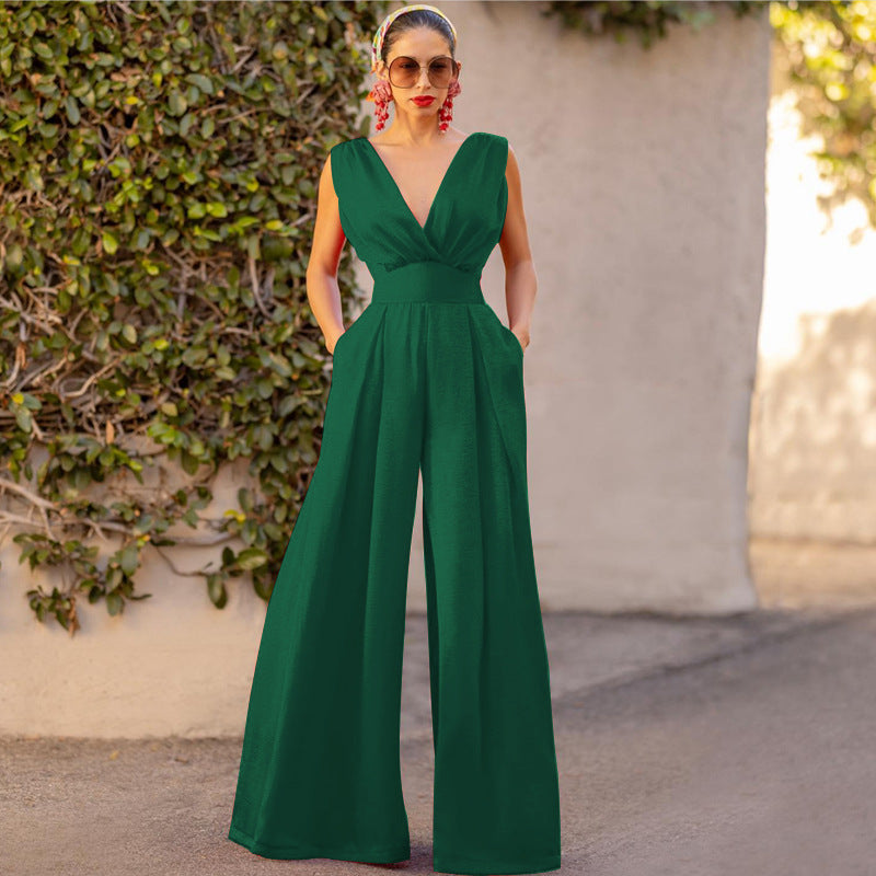 Women’s Jumpsuit - Sleeveless V-Neck - Wide Leg - Fitted Waist - Elegant Silhouette