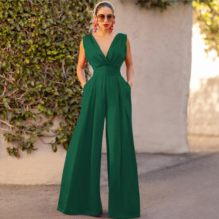 Women’s Jumpsuit - Sleeveless V-Neck - Wide Leg - Fitted Waist - Elegant Silhouette