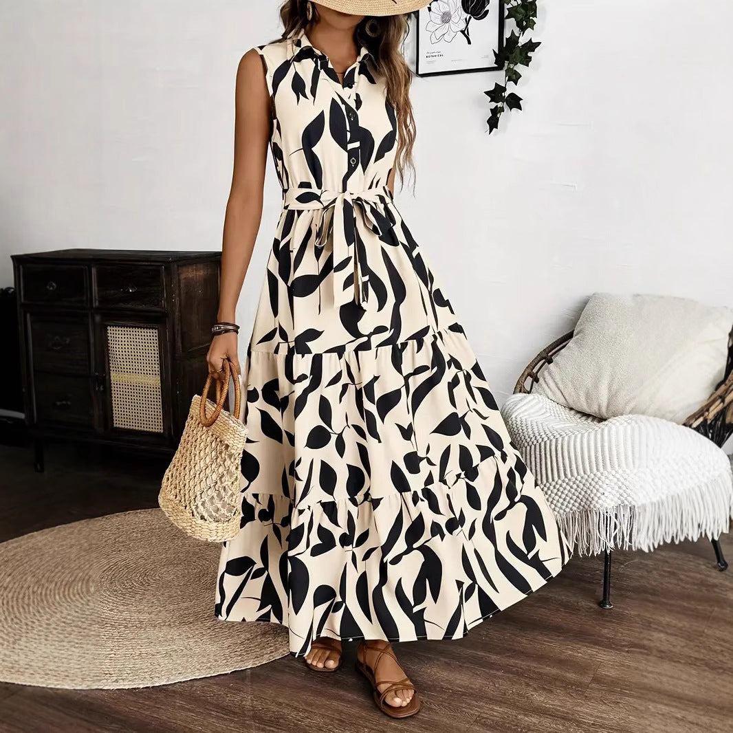 Women’s Maxi Dress – Sleeveless Collared – Button Front – Tiered Skirt – Tie Waist