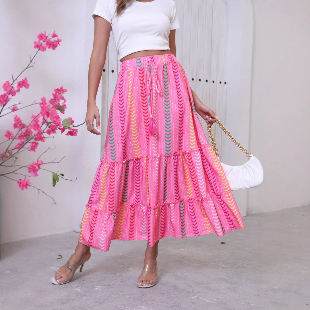 Women’s Maxi Skirt - Cotton Blend - Tiered Boho Fit - Fringe Waist - Flowing Silhouette