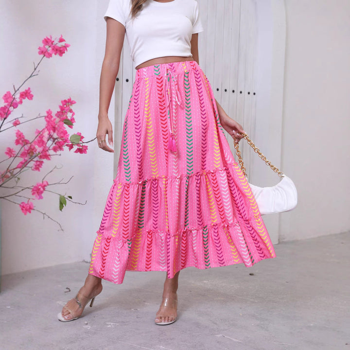 Women’s Maxi Skirt - Cotton Blend - Tiered Boho Fit - Fringe Waist - Flowing Silhouette