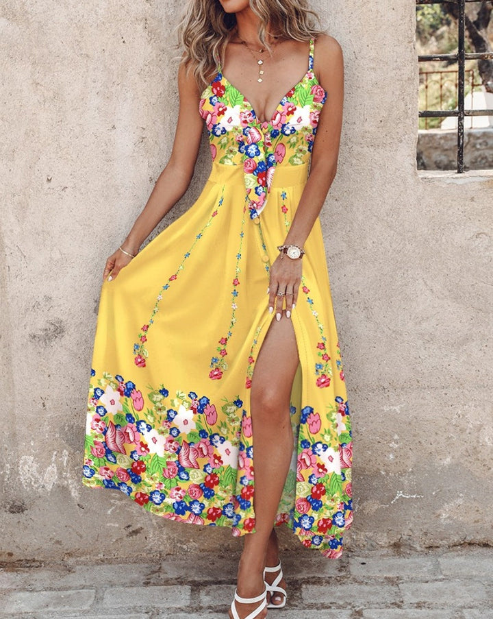 Women’s Maxi Dress – Slim Fit – Deep V-Neck – Floral Print – Side Slit