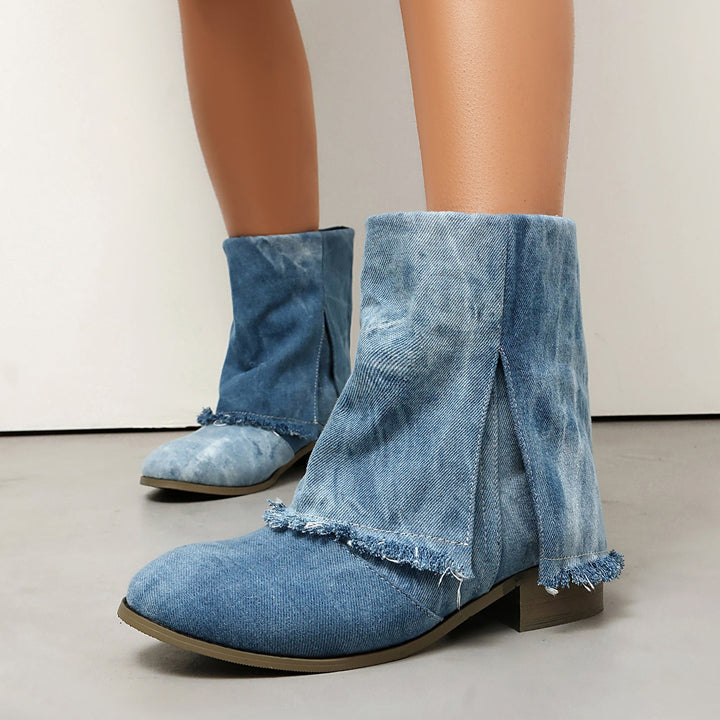 Women’s Ankle Boots – Denim Upper – Distressed Trim – Low Heel – Slip-On Casual Fit