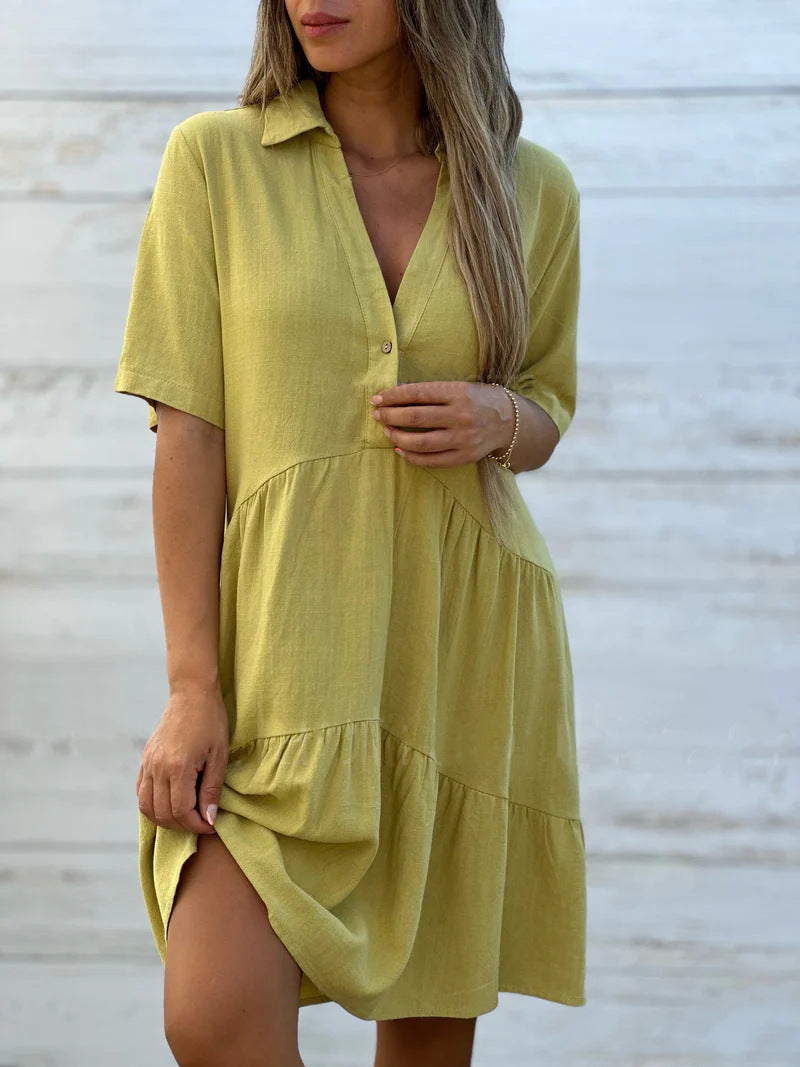 Women’s Casual Dress – Relaxed Fit – Short Sleeve – Collared – Tiered Natural Fibers