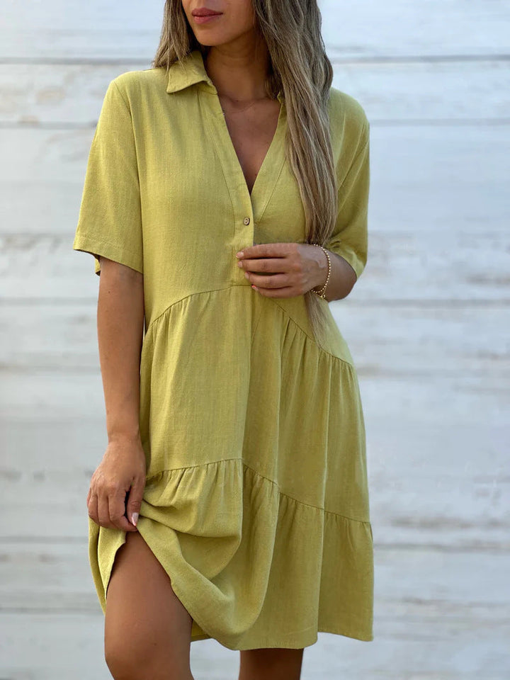 Women’s Casual Dress – Relaxed Fit – Short Sleeve – Collared – Tiered Natural Fibers