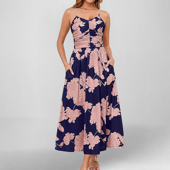 Women’s Maxi Dress – Ruched Bodice – Spaghetti Straps – Sleeveless A-Line – With Pockets