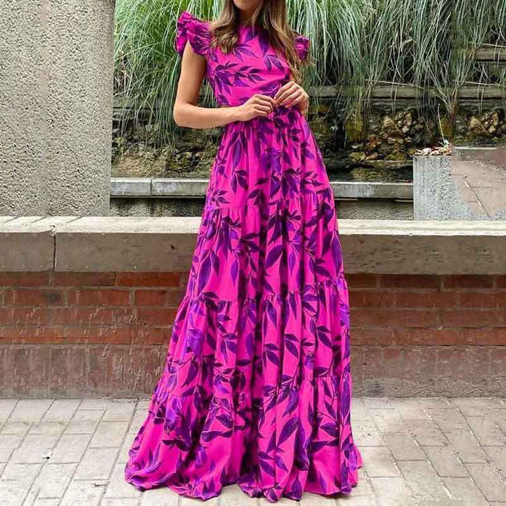 Women’s Maxi Dress – Tiered Skirt – Ruffled Sleeves – Fitted Bodice – Leaf Print