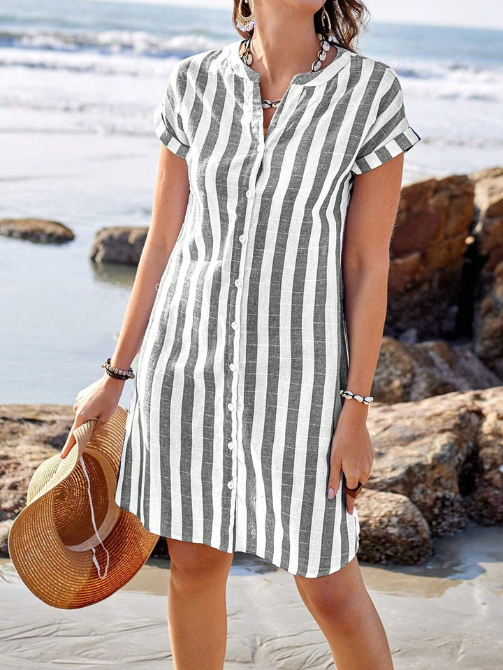 Women’s Shirt Dress – Loose Fit – Vertical Stripes – Short Sleeve – Cotton Blend