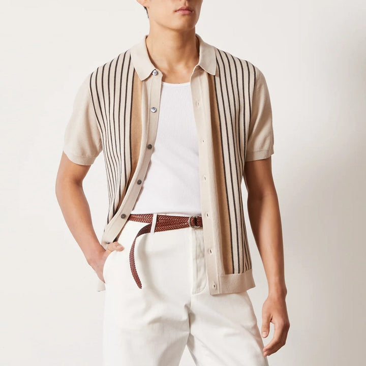 Men’s Button-Up Shirt - Lightweight Fabric - Vertical Stripe - Short Sleeve Casual