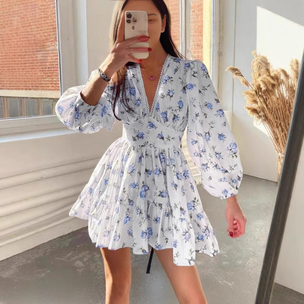 Women’s A-Line Dress – V-Neck – Long Puff Sleeve – Lightweight Cotton – Tiered Mini Skirt