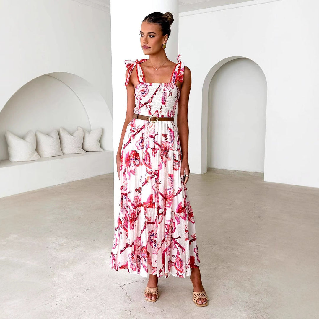 Women’s Maxi Dress – Smocked Bodice – Tie Shoulder Straps – Flowy Lightweight Skirt