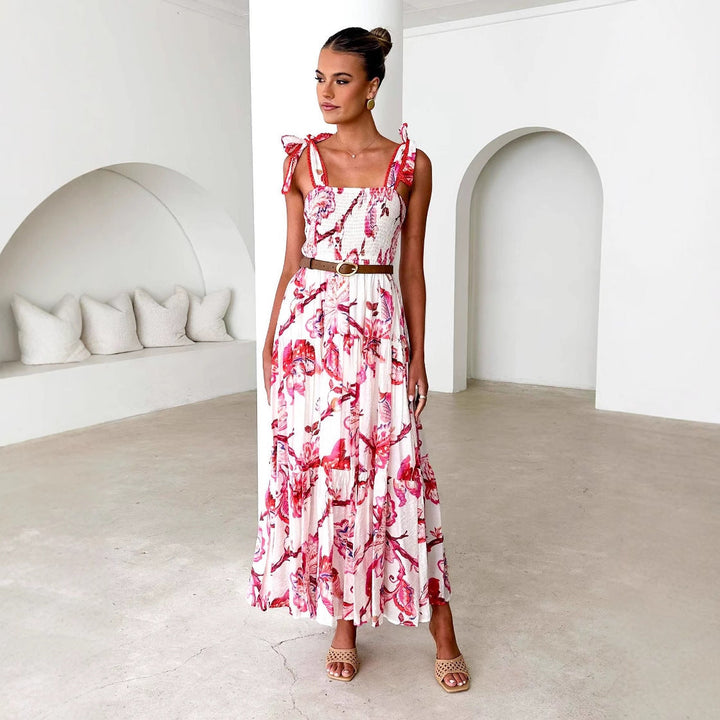 Women’s Maxi Dress – Smocked Bodice – Tie Shoulder Straps – Flowy Lightweight Skirt