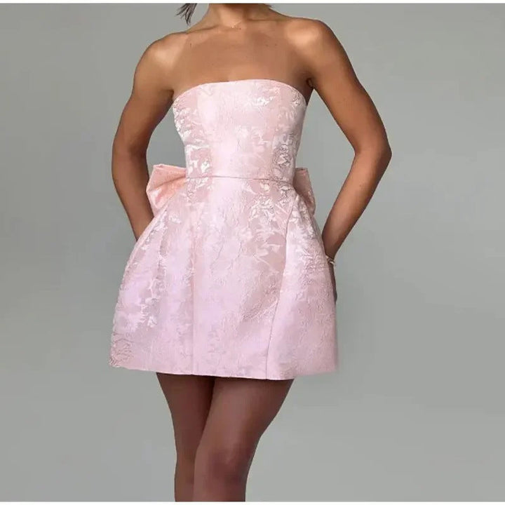Women’s Mini Dress – Strapless Satin Jacquard – Fitted Bodice – Back Bow Detail