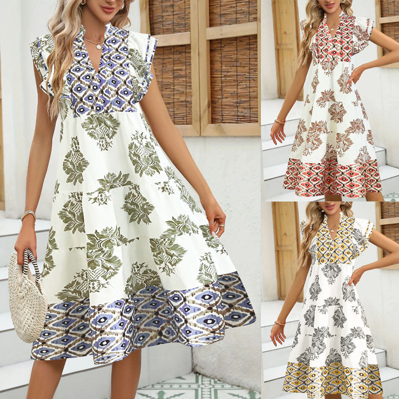 Women’s Midi Dress – Relaxed Fit – V-Neck – Short Sleeve – Printed Ruffle