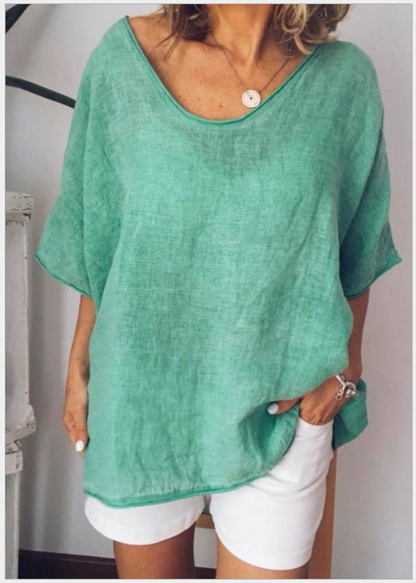 Women’s T-Shirt - Cotton Linen Blend - Relaxed Fit - V-Neck - Short Sleeve - Casual Top