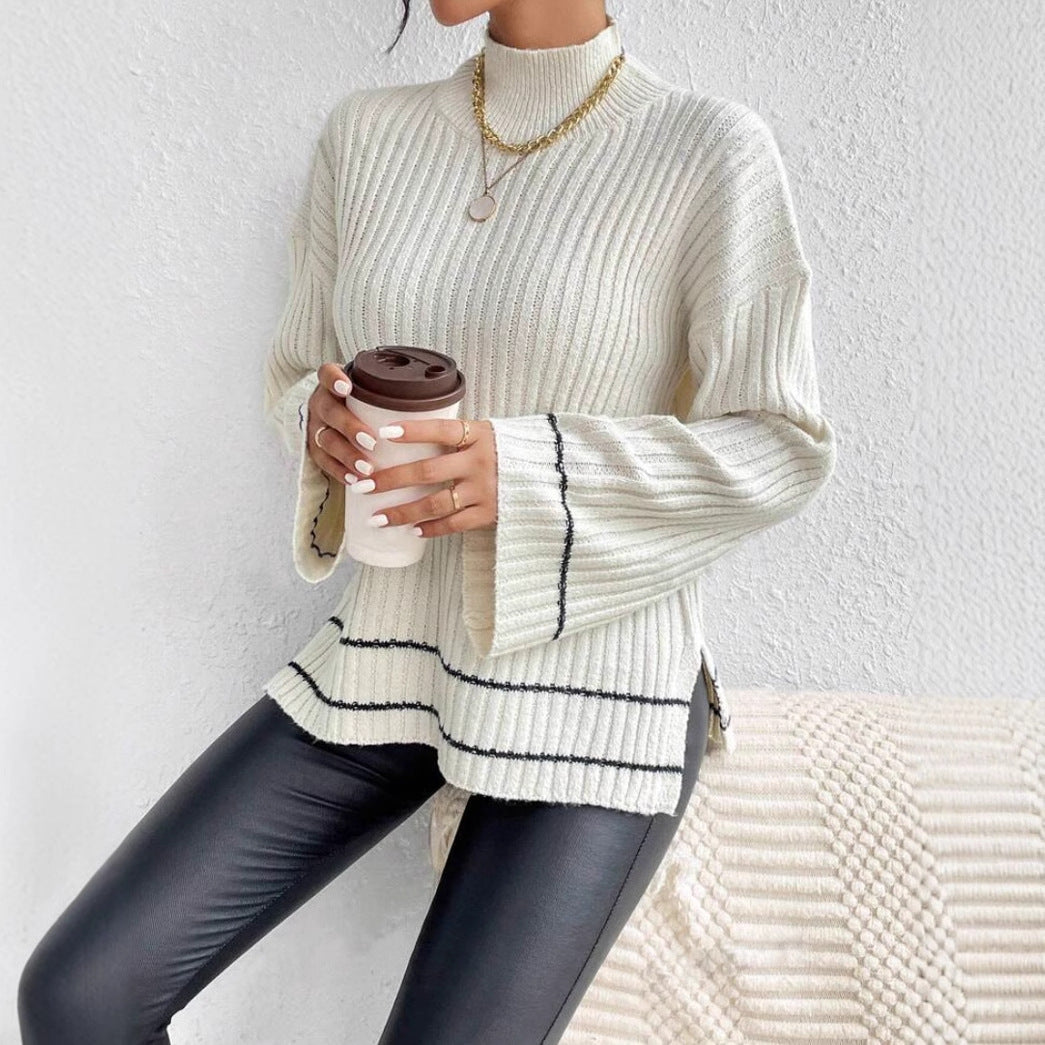 Women’s Knitted Sweater - Oversized Fit - Ribbed Texture - Mock Neck - Long Sleeve