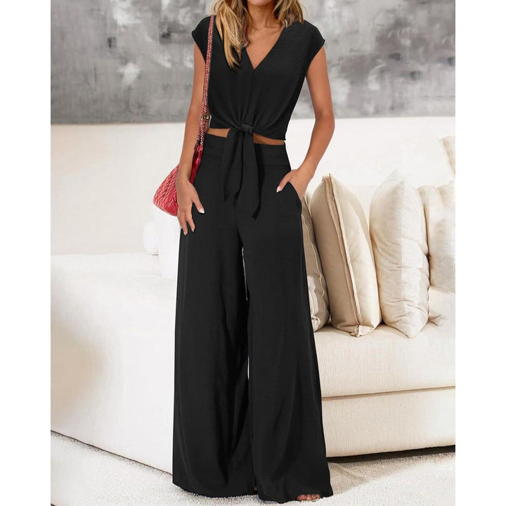 Women’s Two-Piece Set - V-Neck Crop Top Tie Front - High-Waist Wide-Leg Pants
