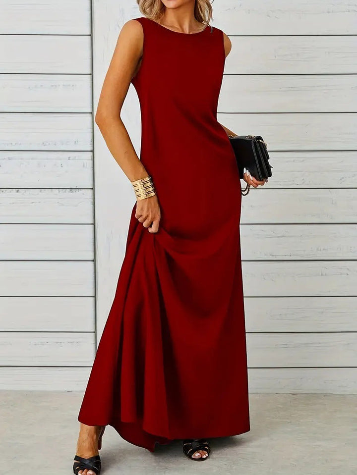 Women’s Maxi Dress – Sleeveless A-Line – Lightweight Fabric – High Neck Minimalist Style