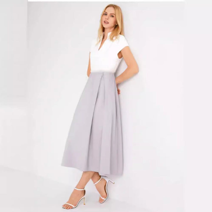 Women’s Midi Dress – V-Neck – Flared A-Line Fit – Pleated Skirt – Short Sleeve Elegant