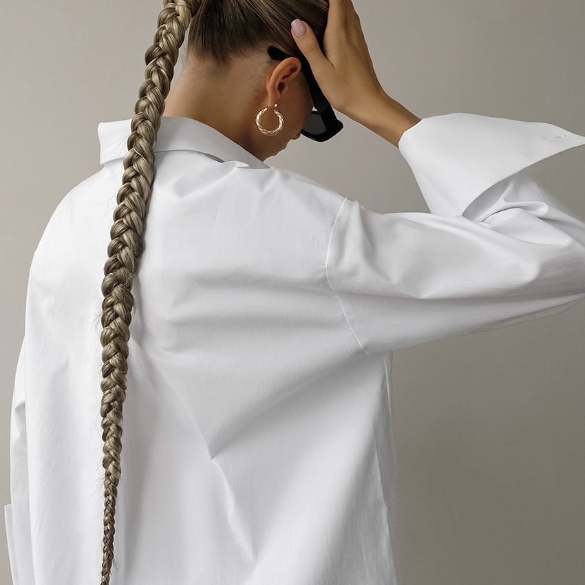 Women’s Button-Up Shirt - Cotton Blend - Oversized Fit - Long Sleeve Casual Layer