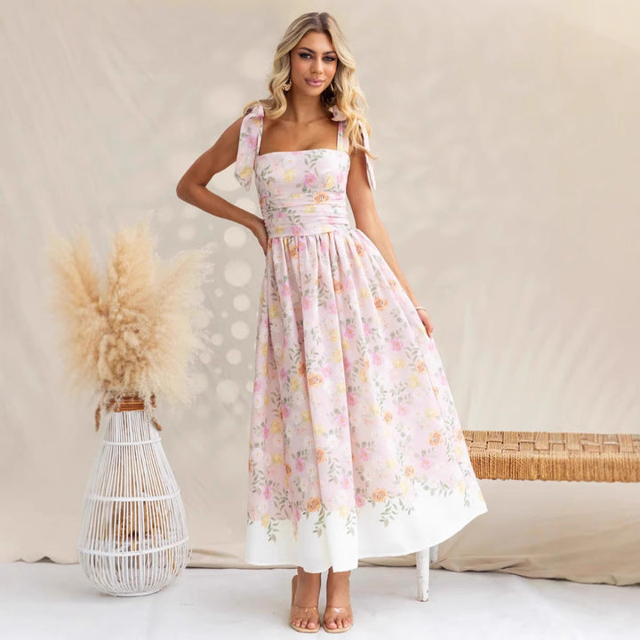 Women’s Maxi Dress – Square Neck – Tie Strap – Floral Print – Lightweight Fabric