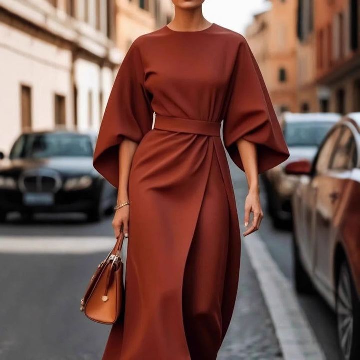 Women’s Long Dress - Draped Fit - Belted Waist - ¾ Sleeve - Elegant Eveningwear
