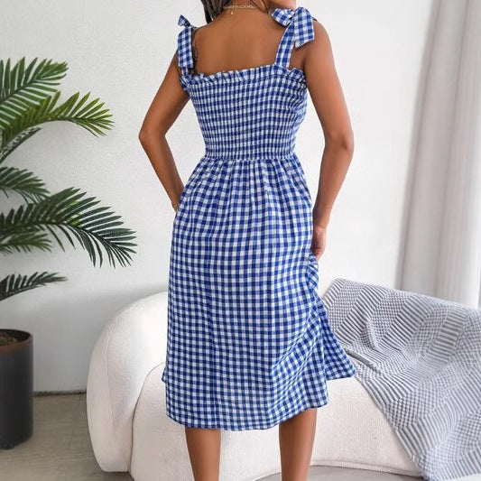 Women’s Midi Dress – Gingham Pattern – Smocked Bodice – Tie Strap – A-Line Fit