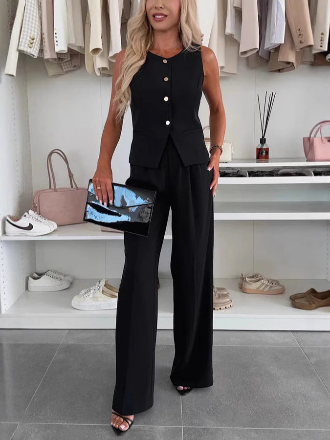 Women's Elegant Two-Piece Set - Sleeveless Button Top - High-Waist Flared Pants