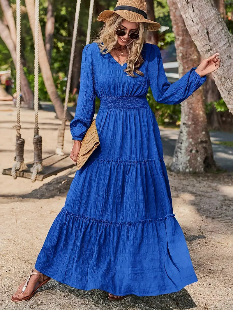 Women’s Maxi Dress – V-Neck – Smocked Waist – Tiered Skirt – Long Sleeve – Breathable Blend