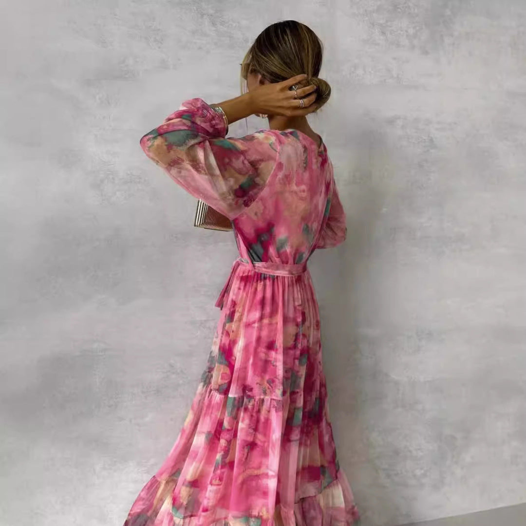 Women’s Long Dress – V-Neck Wrap – Belted Waist – Tiered Maxi Skirt – Flowy Fit