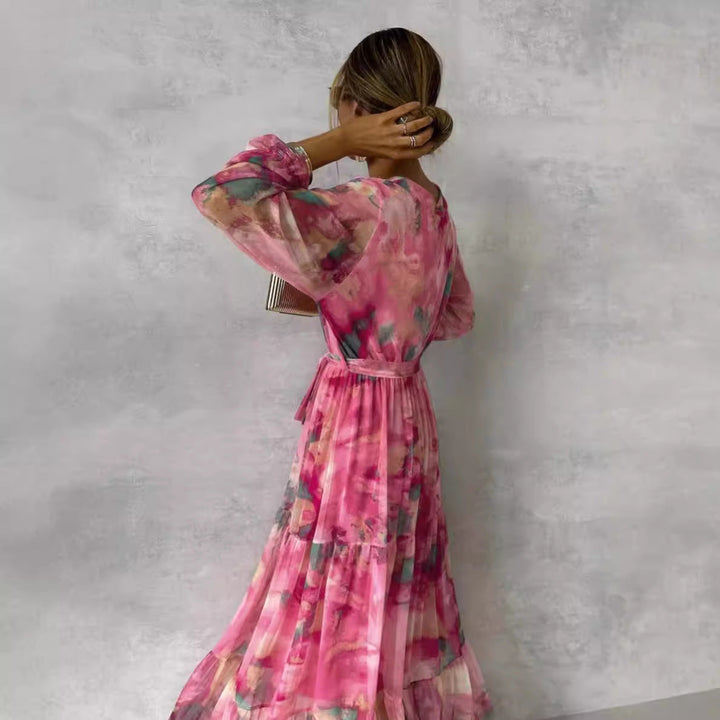 Women’s Long Dress – V-Neck Wrap – Belted Waist – Tiered Maxi Skirt – Flowy Fit