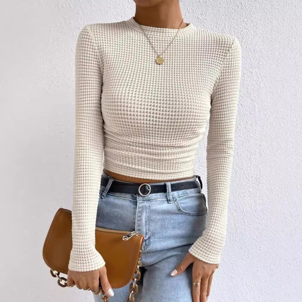Women’s Long Sleeve Crop Top – Slim Fit – Soft Waffle Knit – Ruched Front Detail