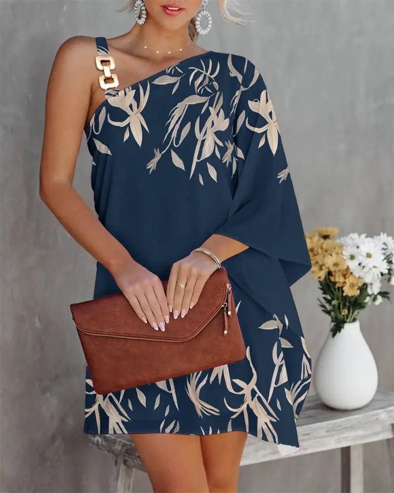 Women’s Off-Shoulder Dress – Relaxed Fit – Bat Sleeve – Metal Strap Accent – Knee Length