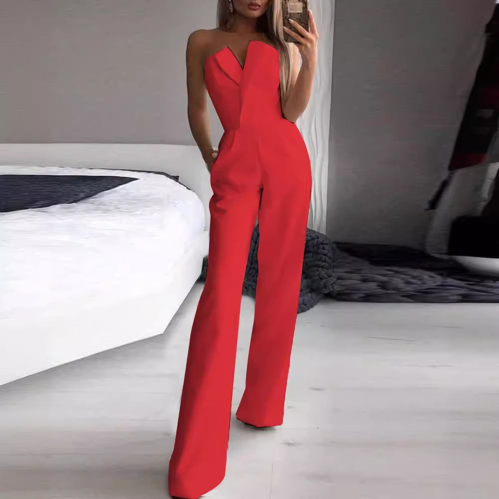 Women’s Jumpsuit - Strapless Asymmetric Neckline - Tailored Fit - Wide Leg Silhouette