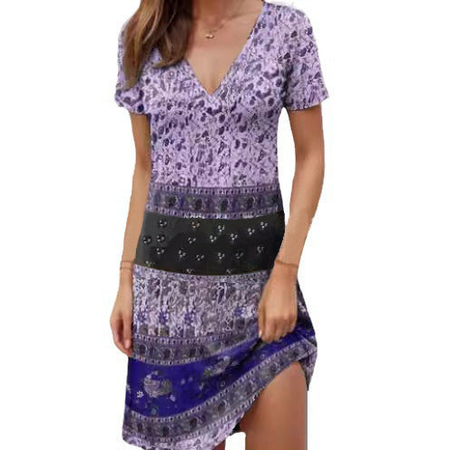 Women’s Mini Dress – Cotton – Relaxed Fit – Deep V-Neck – Boho Patchwork Style