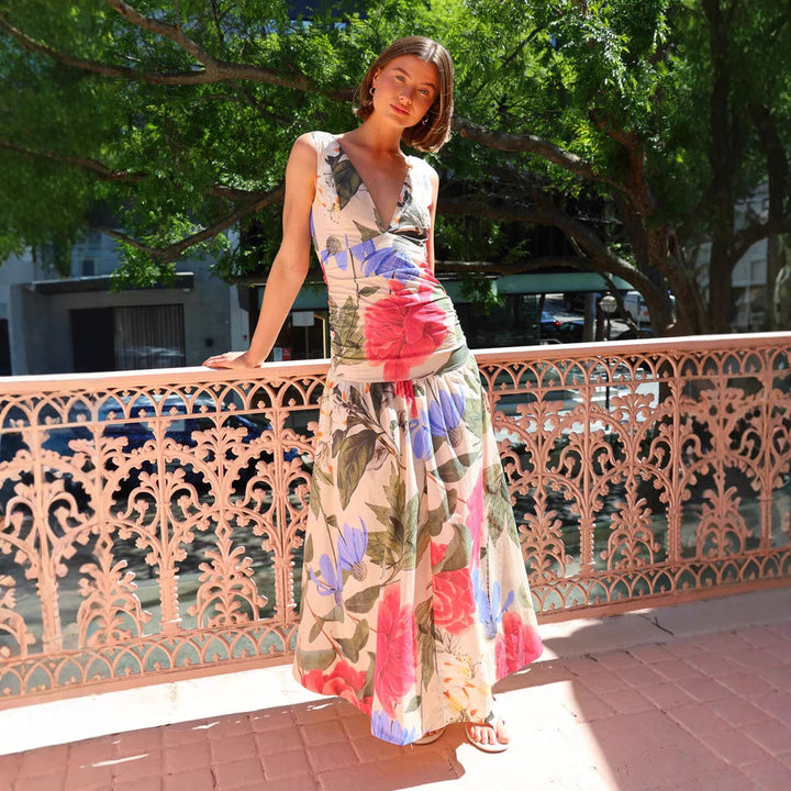 Women’s Maxi Dress - Deep V-Neck - Sleeveless - Fitted Waist - Floral Print