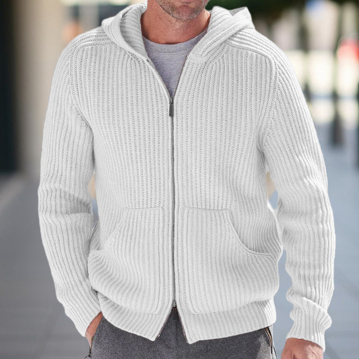Men’s Knit Cardigan - Relaxed Fit - Hooded - Ribbed Texture - Long Sleeve Casual Layer