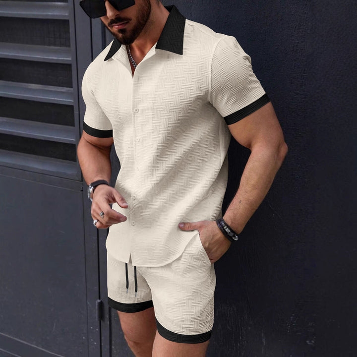 Men's Shirt and Shorts Set - Jacquard Texture - Relaxed Fit - Lapel Collar - Drawstring Waist