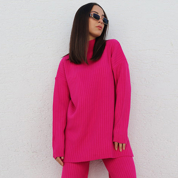 Women’s Knit Loungewear Set – Ribbed Texture – Relaxed Fit – Semi-High Neck – Full Length