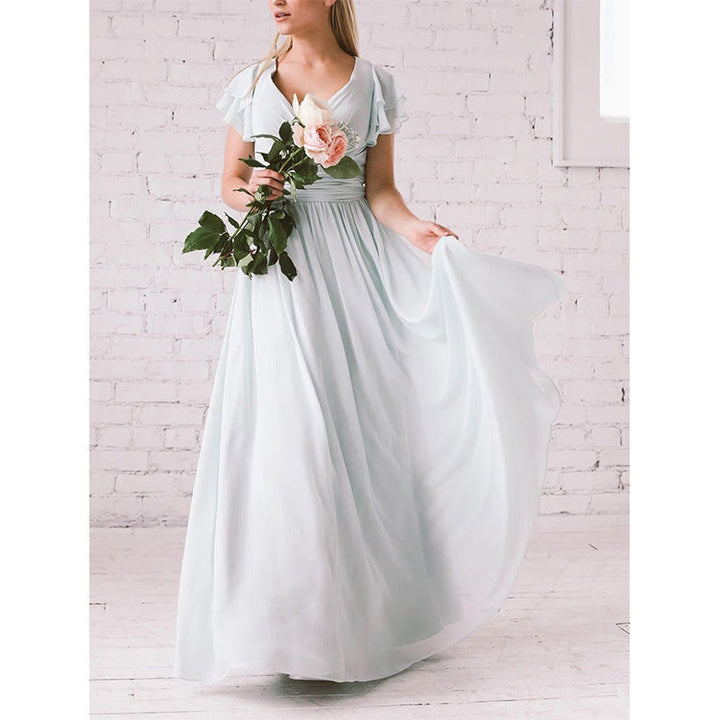 Women’s Maxi Dress – Elegant Fit – Flutter Sleeves – Flowing Skirt – V-Neckline