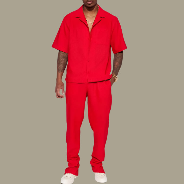 Men’s Casual Set – Relaxed Fit Shirt with Collar – Full-Length Pants