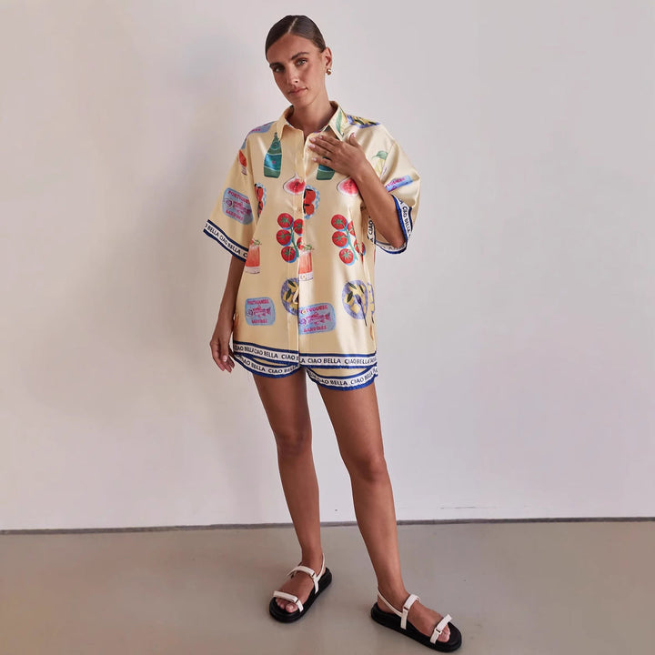 Women’s Two-Piece Set – Relaxed Fit Button-Up Shirt & High-Waist Shorts – Graphic Print