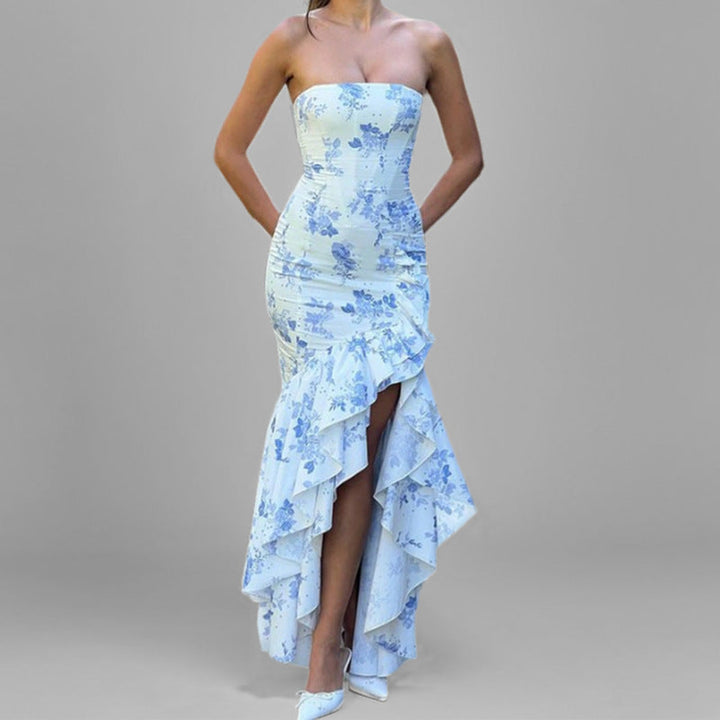 Women’s Strapless Evening Gown – Fitted Bodice – High-Low Ruffle Hem – Mermaid Silhouette