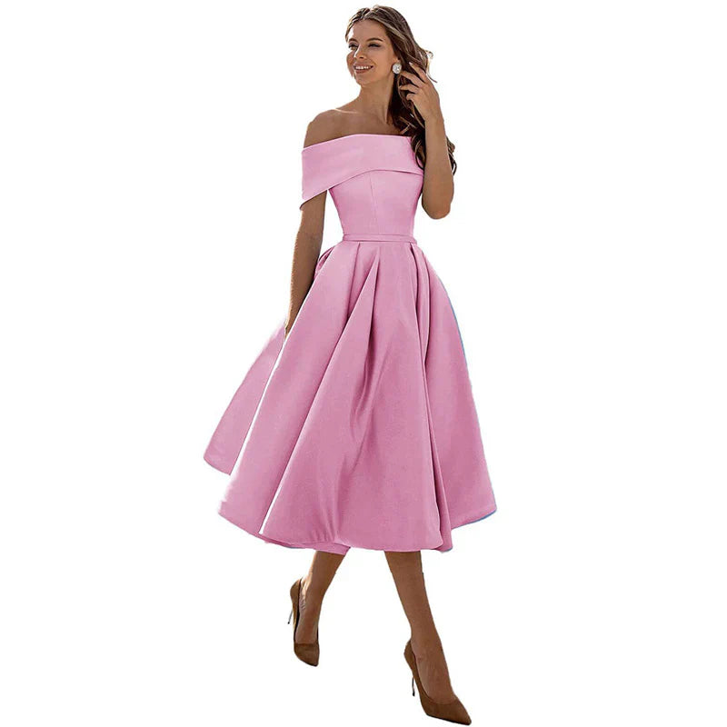 Women's Off-the-Shoulder Midi Dress - Fitted Bodice - Pleated Flared Skirt - Elegant Formal Wear