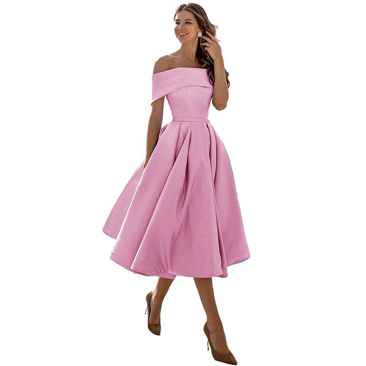 Women's Off-the-Shoulder Midi Dress - Fitted Bodice - Pleated Flared Skirt - Elegant Formal Wear